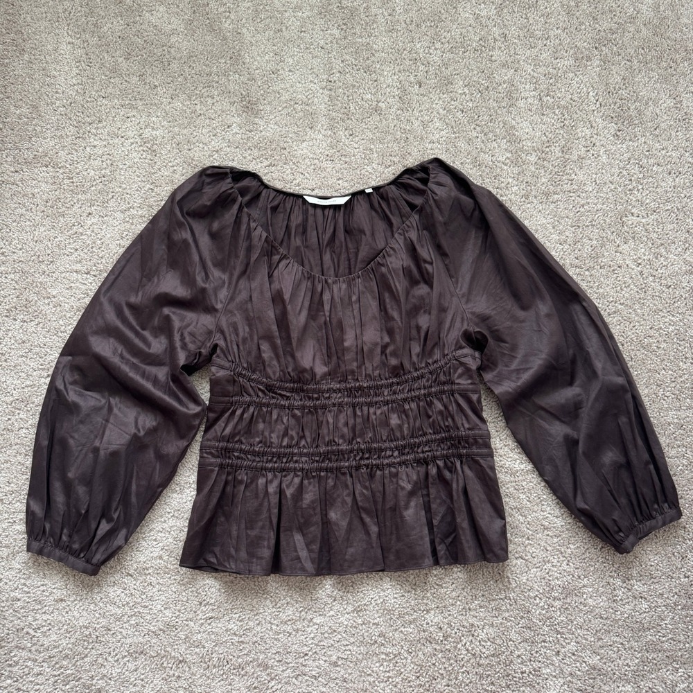 Rebecca Taylor Brown Cotton Smocked Peplum Blouse Puff Sleeve XL 821 280 B811